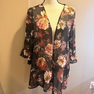 Xhilaration Sheer Floral Kimono Cardigan Open Front L Black Fairy Boho Coachella
